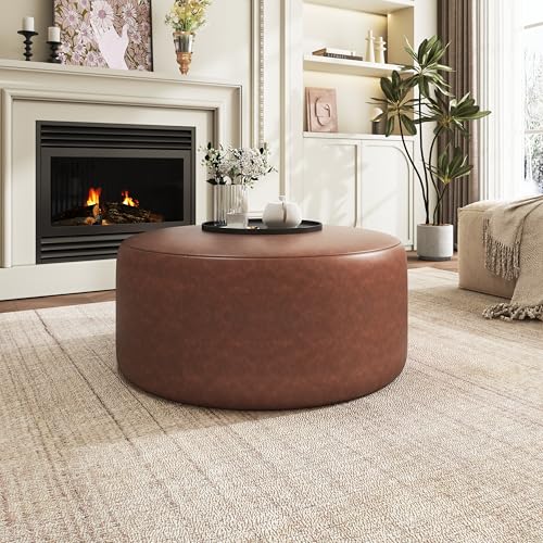 Christopher Knight Home GAVI 30' Ottoman Foot Stool, Faux Leather Pouf Footstool Ottoman Seat, Upholstered Foot Chair, Round Footrest, Modern Side Table for Living Room Bedroom Home Decor, Brown