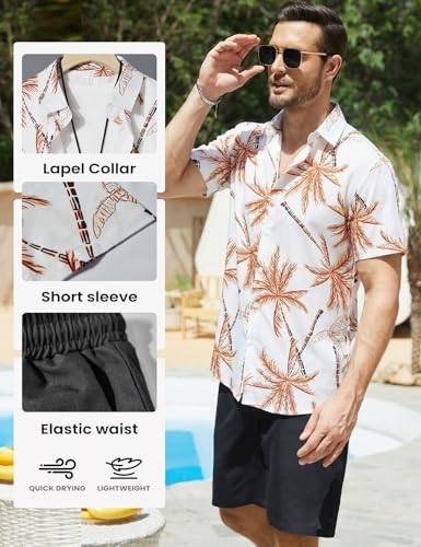 Image of Yimoon Men's Summer 2 Piece Outfits Tropical Print Short Sleeve Button Down Hawaiian Beach Shirt and Shorts Set