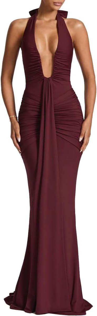 Women's Sexy Deep V-Neck Maxi Dress Sleeveless Halter Ruched Bodycon Formal Cocktail Party Evening Dresses