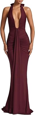 Women's Sexy Deep V-Neck Maxi Dress Sleeveless Halter Ruched Bodycon Formal Cocktail Party Evening Dresses