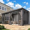 AECOJOY 14'x12' Outdoor Hardtop Metal Gazebo with Curtains and Netting for Patio, Large 12x14 Lean to Heavy Duty Wall Mounted Pergolas and Grill Gazebos Clearance, Patio Steel Roof Awnings for Decks