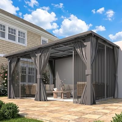 AECOJOY 14'x12' Outdoor Hardtop Metal Gazebo with Curtains and Netting for Patio, Large 12x14 Lean to Heavy Duty Wall Mounted Pergolas and Grill Gazebos Clearance, Patio Steel Roof Awnings for Decks