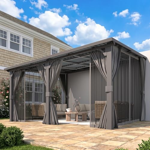 AECOJOY 14'x12' Outdoor Hardtop Metal Gazebo with Curtains and Netting for Patio, Large 12x14 Lean to Heavy Duty Wall Mounted Pergolas and Grill Gazebos Clearance, Patio Steel Roof Awnings for Decks