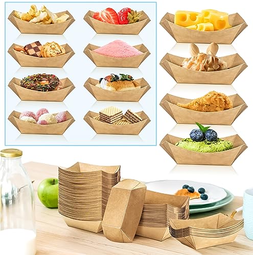 MotBach 400 Pack 1/4Lb Paper Food Boat Trays Disposable Small Paper Boats Plates Containers, 0.25Lb Mini Kraft Food Serving Boat Tray Baskets for Snack Fries Dessert Popcorn Sauce BBQ Tacos Nacho - Thumbnail 4