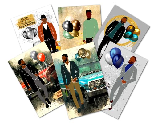6 Pack African American Birthday Greeting Cards, Masculine Birthday Card, Black Men King Happy Birthday card for Husband