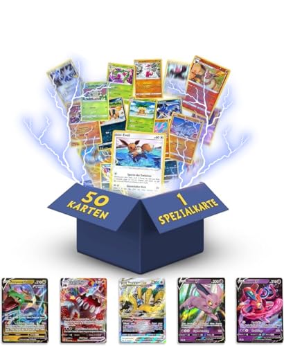 Pokemon Karten Deutsch 50 Verschiedene Original Pokemon | 1 V, VMAX, VSTAR, EX | 3X Holo | 1x Rare | 1 zufällige Pikachu, Evoli, Dedenne aktuelle Sets + 1 Heartforcards® Toploader
