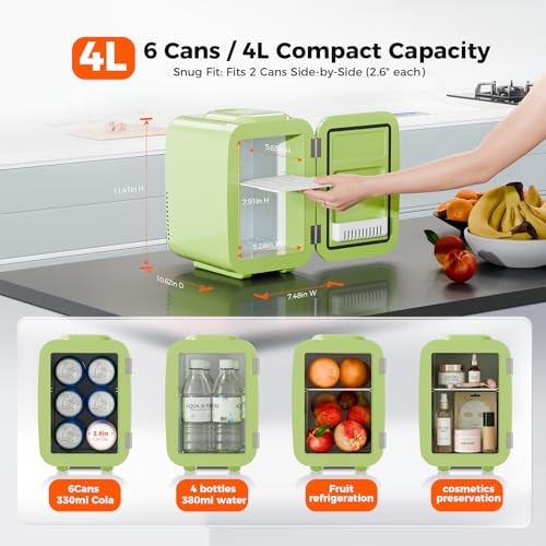 Image of YASHE Mini Fridge, 4 Liter /6 Can Mini Makeup Fridge, 110V AC / 12V DC Portable Thermoelectric Cooler&Warmer for Skincare, Drink, Cosmetic, Medicine, Small fridge for Bedroom, Office, Dorm, Car, Green