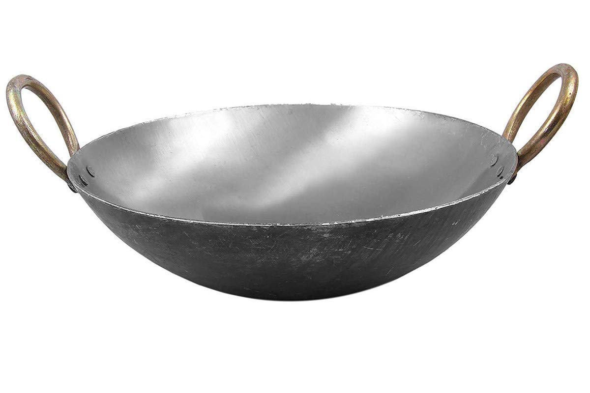 Damurhu Iron Deep Kadai Frying Pan Cooking Multipurpose Use Fry Heavy Base Kadhai Handmade with Handle Golden Rings Silver Color Size-9 3