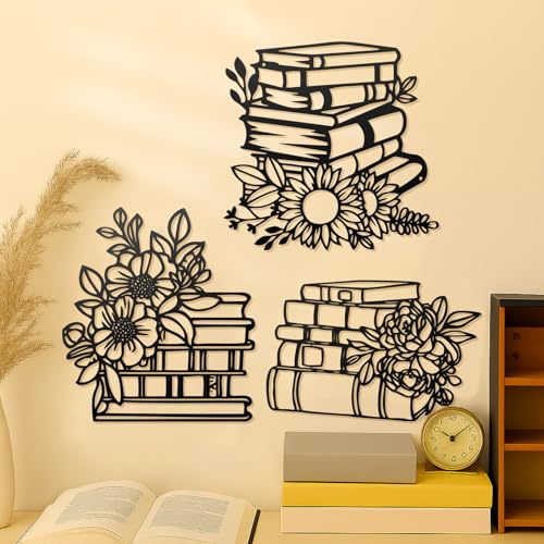Honeydak 3 Pcs Reading Flower Book Wall Art Black Metal Library Wall Decor Sign Book Lovers Teacher...