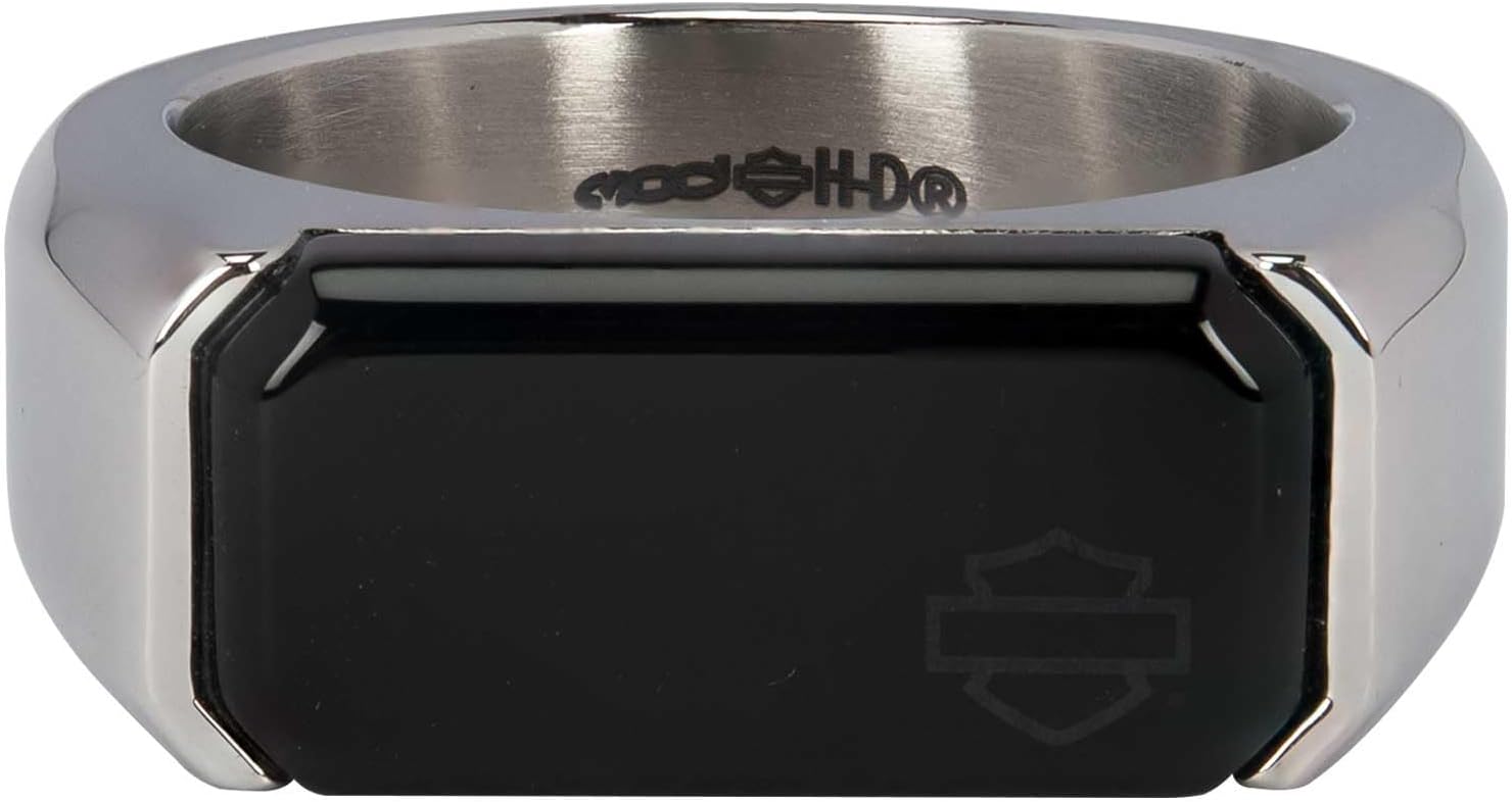 Harley-Davidson Men's Bar & Shield Onyx Signet Ring - Stainless Steel - Silver