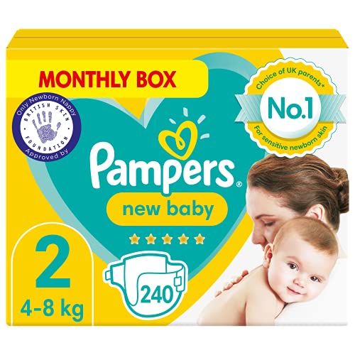 Pampers Pañales de bebé tamaño 2 (4-8 kg, 9-18 libras), nuevo bebé, 240 pañales, paquete de ahorro mensual, artículos esenciales para bebés recién nacidos