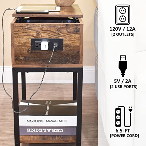 Szlhanjz Nightstand With Charging Station, Narrow End Table With Storage Drawer, Wood & Metal Narrow Nightstand 2 Tier, Small Sofa Bed Side Table For Living Room Bedroom Dorm, Dark Brown #TOP3