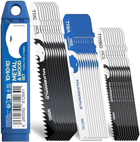 FALKENWALD Stichsägeblätter Set 30tlg - 20x Holz + 10x Metall T-Schaft | Sägeblätter Stichsäge Set & Stichsägeblätter Set - HCS & HSS für Holz, Laminat & Metall