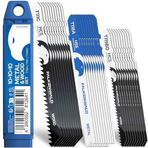 FALKENWALD® Stichsägeblätter Set 30tlg 20x Holz + 10x Metall - T-Schaft HCS & HSS - Für Weichholz, Hartholz, Laminat, Kunststoff & Metall - Kompatibel mit Bosch & gängigen Stichsägen