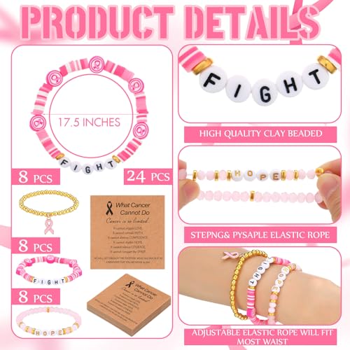 24 Pcs Breast Cancer Awareness Bracelets Bulk with Inspirational Cards Hope Fight Pink Ribbon Charm Breast Cancer Awareness Accessories Clay Beaded Stretch Bracelets Survivor Gifts for Women2