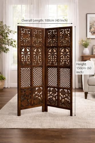 Image of Wooden Room Divider | MDF Privacy Screen Partition | Freestanding Folding Floor Panel | Decorative Carved Handicraft Separator for Living Room, Bedroom & Office (Brown, 5 feet 2 Panels)