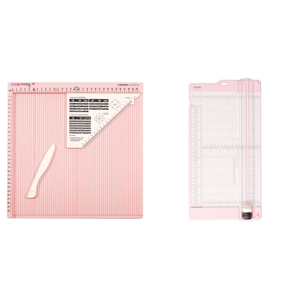Vaessen Creative Score Easy Falzbrett cm/Metric Roze & Papierschneider inkl. Falzbein zum Schneiden und Falzen von geraden Linien auf DIN A3, DIN A4 und kleineren Papierformaten, Rosé, 15x30,5cm