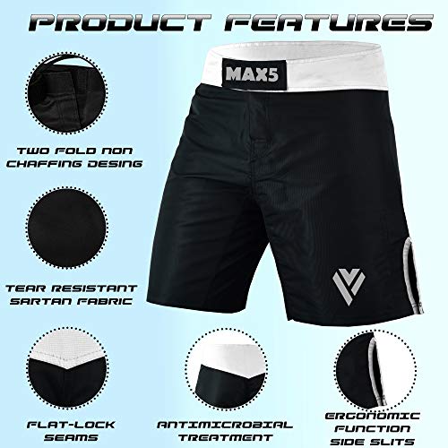 MAX5 MMA BJJ Mixed Martial Arts Shorts Cross Training Muay Thai Workout Shorts (White, Large)