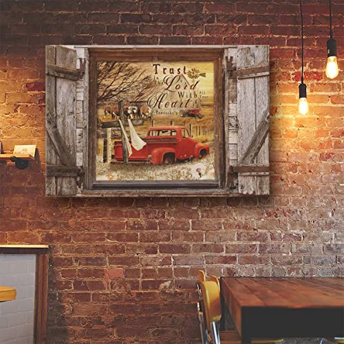 Farmhouse Canvas Wall Art Christian Christmas Red Truck And Old Barn Pictures Rustic Wall Decor Hereford Cow Painting For Bedroom Bathroom Living Room Prints Artwork Framed 12"X16" #TOP2