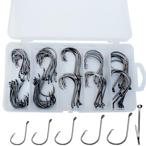 Juego de anzuelos de pesca para pesca de agua salada y agua dulce de alto carbono para bajo y anzuelos de pescado afilados, 70Pcs Eagle Hooks （Large）
