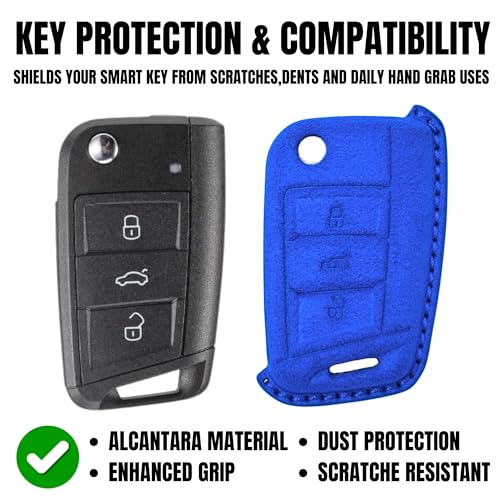 Image of KMH Alcantara Car Key Cover Compatible with Volkswagen Polo Vento Jetta Ameo Passat and Skoda Rapid Laura Superb Octavia Fabia Yeti 3 Button Shell Case Holder Smart Keycover (D1) Blue - Pack of 1