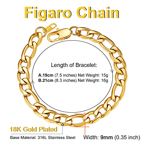 Chainspro CPH16014K-9-21-AM Gold Mens Bracelets 9Mm 8.3Inch 18K Gold Plated Figaro Chain Link Wrist Bracelet Dad Gift thumb #5