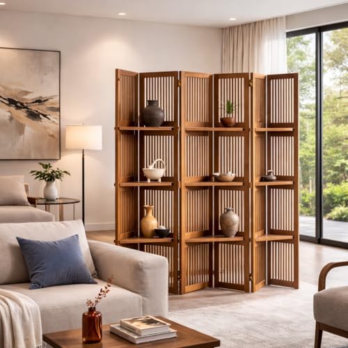 Image of Wooden Partition Divider for Living Room, Partition Wall, Privacy Divider, Freestanding Folding Panels for (6 Feet 6 Panel with 3 Shelves) (6 Feet 6 Panel Teak Brown)