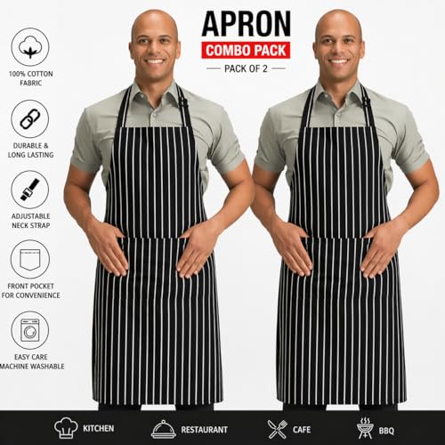 Image of 100% Cotton Cooking kitchen Apron for Women and Men chef apron With adjustable neckstrap and ties with center pocket with strong and durable cotton apron