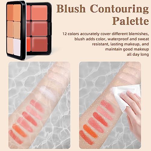 12 Colors Cream Blush Palette, Color Correcting Concealer Foundation Palette, Long Wearing Smudge Proof Blendable Matte Finish Blush Powder Highlighter and Cream Contour Palette Makeup (01) - Image 5