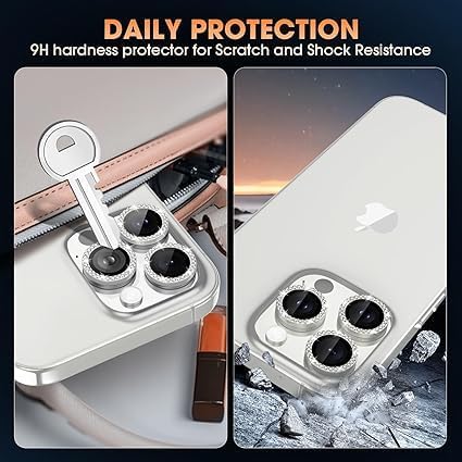 Image of DIAMOND Camera Lens Protector For IPHONE 16 PRO / 16 PRO MAX / 15 PRO / 15 PRO MAX ( SILVER ) UHD 9H Glass, Anti Drop, Scratch Resistant, Case Friendly, Removable, Waterproof, Heavy Duty Camera Protector, ( BUY 2 GET 1 FREE )