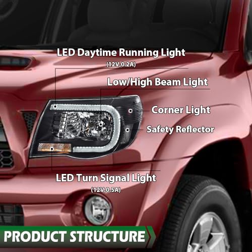 Image of GRAND ORANGE Pair LED DRL Tube Headlights Assembly, Compatible with Toyota Tacoma 2005-2011, Bumper Headlamps Light, Smoke Lens Chrome Housing Clear Reflector