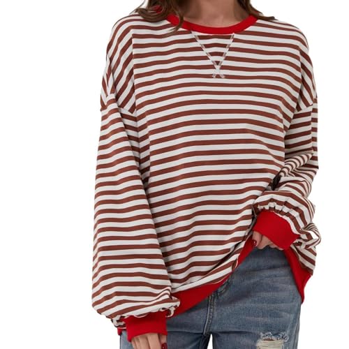 Commencu Womens Stripes Color Block Sweatshirts Crewneck Pullover Tops Loose Long Sleeve Casual Streetwear for Fall Winter