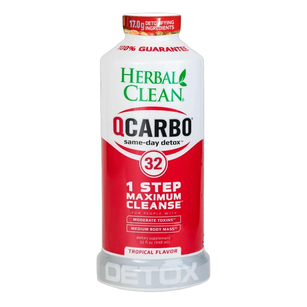 Herbal Clean Qcarbo32 Same-Day Detox Cleanse Drink (32 fl oz) - Tropical Flavor Full Body Cleanse* Detox Drink for Moderate Toxin Level*, Vitamin B2 and Vitamin B12 for Men & Women