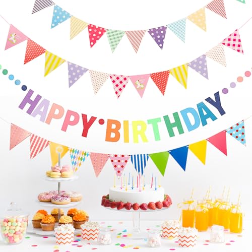 Fizdoqg Happy Birthday Ghirlanda striscione 4 pezzi, ghirlanda di compleanno, decorazione di compleanno, colorata con ghirlanda triangolare per adulti, bambini, ragazze, donne