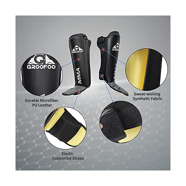 GROOFOO-Shin-Guards-Kickboxing-Leg-Instep-Protection-Pads-PU-Leather-Training-Guard-for-Kids-Adults-Boxing-Martial-Arts-MMA-Thai-Muay-Karate-Sparring-Black GROOFOO Muay Thai Shin Guards Kickboxing, Leg Instep Protection Pads PU Leather Training Guard for Kids Adults Boxing Martial Arts MMA Thai Muay Karate Sparring Black