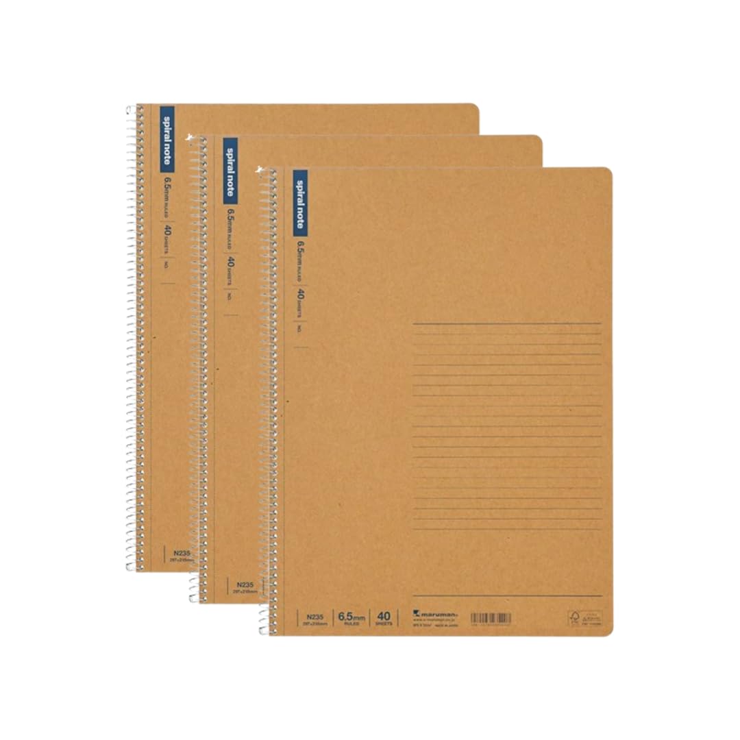 Maruman Spiral Note BASIC (A4), Ring Binding, 40 Sheets / 80 Pages, 6.5mm ruled, (N235), MADE IN JAPAN. (Pack of 3)