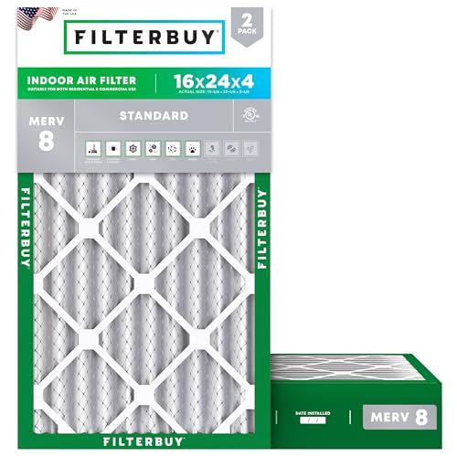 Filterbuy 16x24x4 Air Filter MERV 8 Essential Dust & Allergy Defense (2-Pack) Electrostatic Pleated HVAC AC Furnace Filters Replacement Made in USA (Actual Size: 15.38 x 23.38 x 3.63)