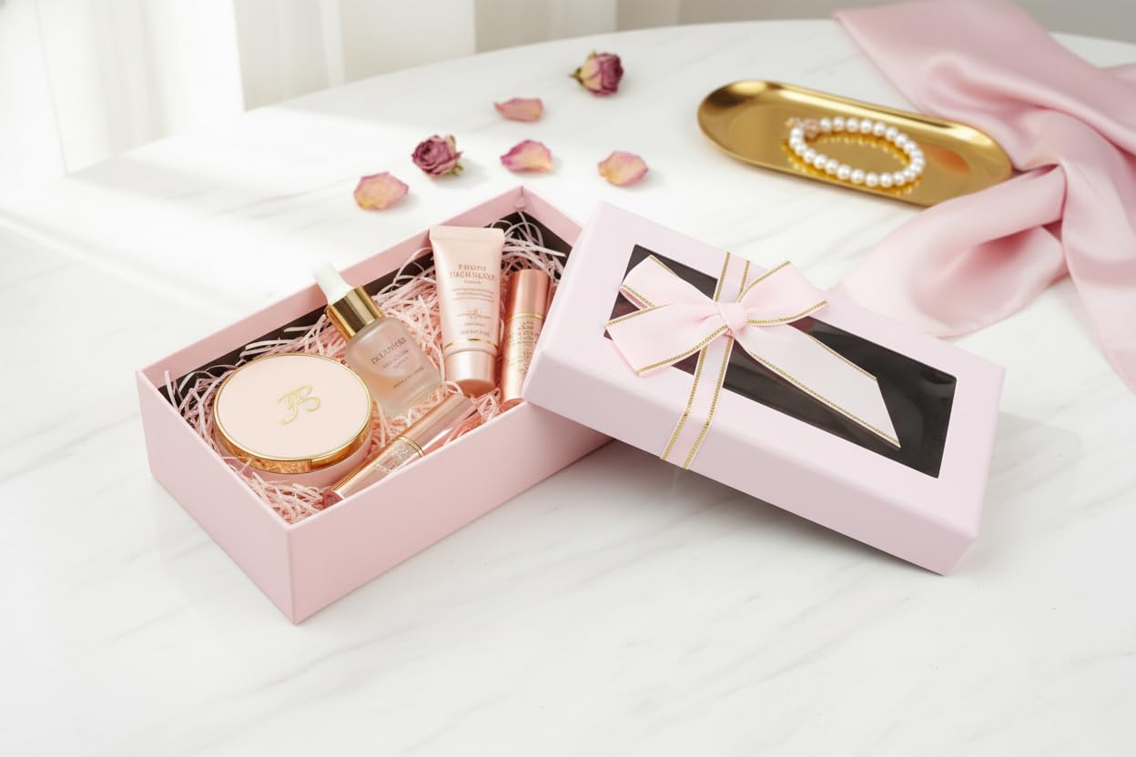 Emartbuy 6 Stück Luxus Baby Pink Geschenkboxen mit Band & transparentem Deckel - Starre Präsentationsboxen für Brautjungfer, Babyparty & Geburtstagsgeschenk - 15 x 9 x 6 cm