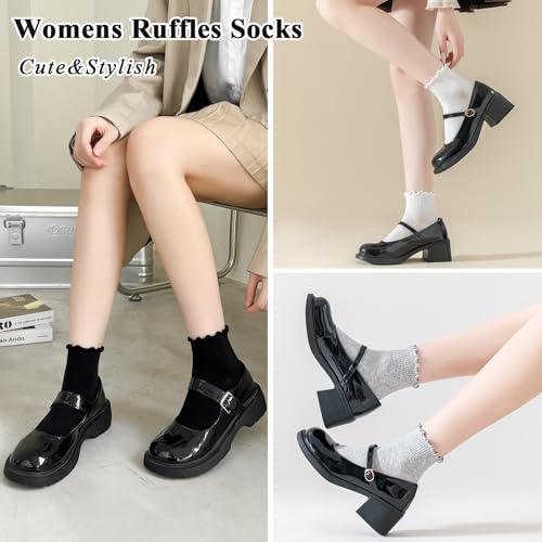 Image of BIVOLU Womens Ankle Socks Ruffle Cotton Cute Frilly Trim Breathable Ankle Ruffled Socks 6 Pack
