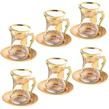 Turkish 4.22 oz Tea Glass Set of 6 | Turkish Tea Glasses with Holders | Turkish Tea Glasses with Saucers | Turkish Tea Cups | Tea glasses with Handmade Metal Holders and Saucers Gold Traditional