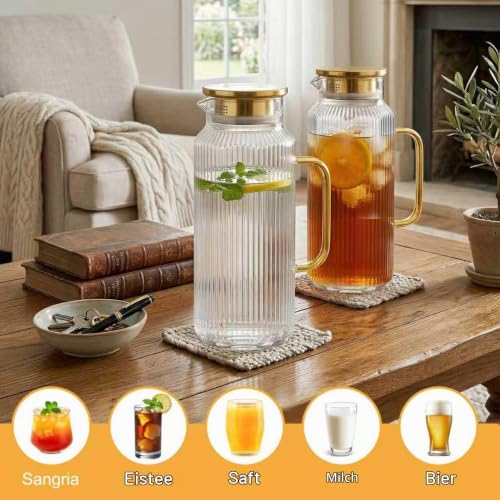 [2-Stück 68 OZ/ 2 Liter] - Achteckiger Glas Karaffe Krug mit Deckel und Auslauf, Klassischer Streifen-Wasserkrug mit Griff… – Ansicht 3