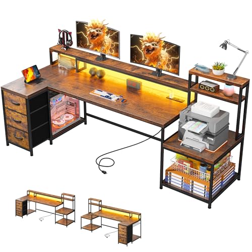 EnHomee 71' L Shaped Computer Desk with 3 Drawers & Hutch,Reversible Gaming Desk with LED Lights...
