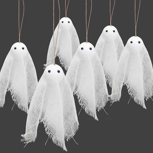 Watayo 16 Pcs Halloween Ghost Hanging Ornaments 3.5 Inch Small Hanging Ghosts Tree Ornaments Farmhouse Rustic Cloth Ghosts Hanging Decoration for Haunted House Party Yard Tree Decor