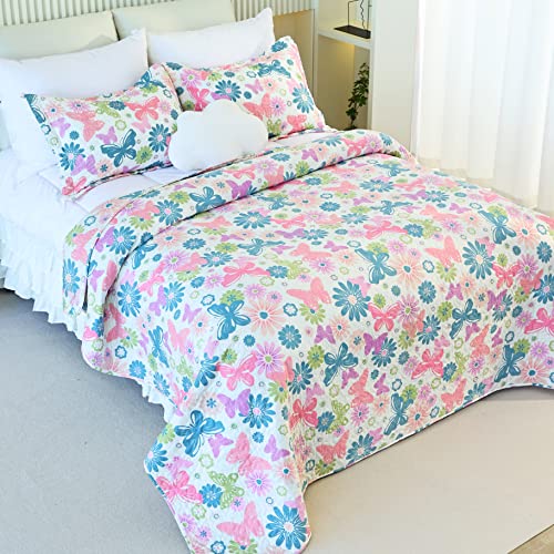 Cmfshape Butterfly Quilt Set King Size,Reversible Quilts,Pink Floral Quilted Bedspread With Shams,Soft Lightweight Microfiber Coverlet All Season(King106 X96 Pink) #TOP2