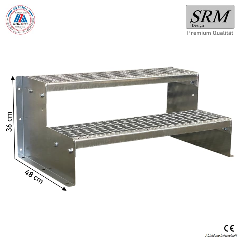 SRM Design 2 Stufen Standtreppe Stahltreppe Wangentreppe Gitterrosttreppe Außentreppe Industrietreppe Modell 2 verzinkt 18 cm Stufenhöhe, 60 cm Stufenbreite, 36 cm Gesamthöhe ohne Geländer