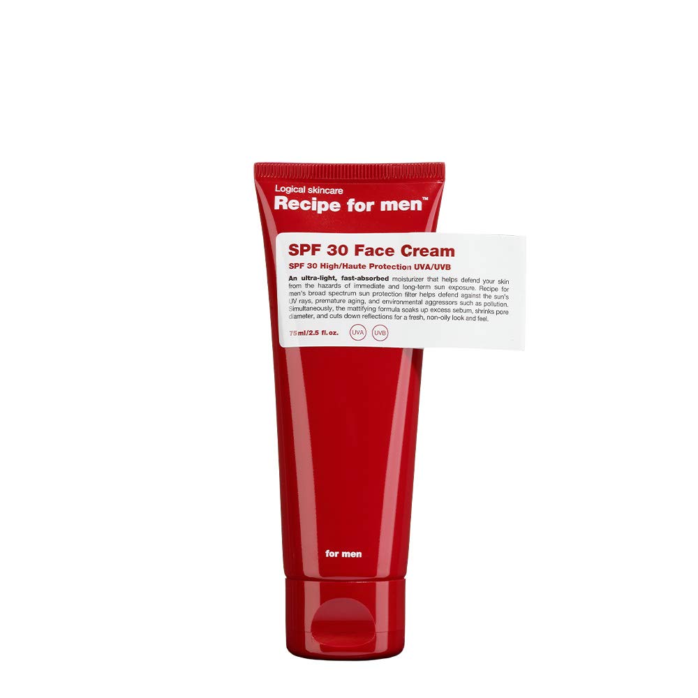 RECIPE FOR MEN SPF 30 Face Cream - Crema hidratante ultraligera y matificante para la protección solar y el control de la grasa, made in Sweden, 75 ml