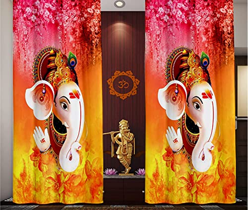 Image of 3D Digital Printed Heavy Fabric Shri Ganesha God Design Curtains for Pooja Room, Temple, Home, 4x9 feet, Set of 2 Pcs
