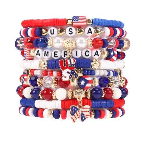 Twinfree 4th of July Bracelets USA Clay Bead Bracelet American Flag Bracelets Patriotic Beaded Stackable Butterfly Pendant Summer Beach Heishi Surfer Bracelet Set Independence Day Gifts