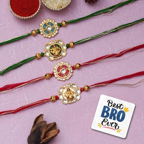 Image of eCraftIndia Set of 4 Multicolor Floral & Lord Ganesha Religious Designer Rakhis, Best Bro Ever Fridge Magnet with Roli Chawal Pack - Rakhis for Brother, Bhabhi, Kids