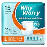 WhyWorry Adult Nappies for Women and Men, Disposable Adult Diapers for Incontinence with Overnight Absorbency, Odor Control, Unisex, Large, 15 Count